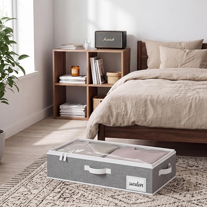 StorageWorks 5 Inch Low Profile Under Bed Storage Containers with Clear Lid | Reinforced Structure, Resists Sagging, Handles & Label Holder, Foldable Stackable Closet Storage for Clothes, Blankets, Toys