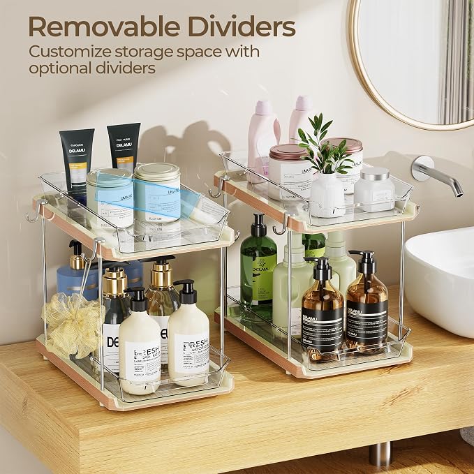 Delamu 2 Tier Under Sink Organizer Bathroom, Bathroom Cabinet Organizer with Snap-Lock Design and Hooks, Pull Out Storage with Movable Dividers, for Countertop, Kitchen and Pantry (White, 4 Pack)