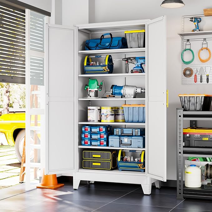 White Metal Storage Cabinet,75" Steel Cabinets for Home Office | Kitchen Pantry Storage Cabinet with Doors and 5 Adjustable Shelves, Tool Cabinets, for Office, Home, Garage, School, 36" W
