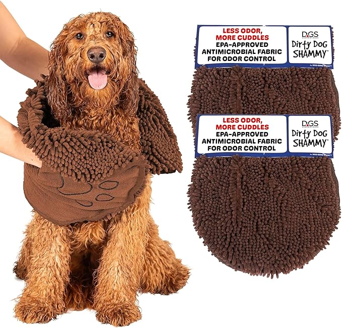 Dog Gone Smart The Dirty Dog Shammy - 2-Pack, Fast Drying Plush Shammy Towel with Dual Hand Pockets and Elastic - Super Absorbent Microfiber and Machine Washable - 31 × 13 in, Brown
