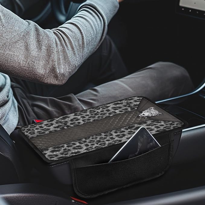 Howilath Car Armrest Cushion Cover Universal Fit for Most Vehicles | Grey Leopard Center Console Cushion Pad with 2 Storage Pockets, Machine Washable, Easy to Install