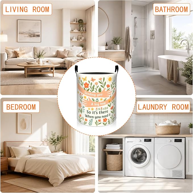 Hug Quote Laundry Basket, Whimsical Floral Hand Oxford Cloth Dirty Clothes Collapsible Hamper for Room Decor, Get Well Gifts, Toy Organizer 19.7 x 15.7 Inches for Bedroom Bathroom Dorm