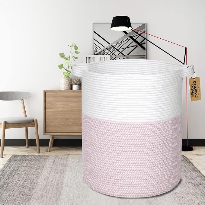 COMFY-HOMI XXL Large Laundry Basket with Handles Blanket Baskets Living Room|Woven Cotton Rope Decorative Basket Laundry Hamper Baby Basket Nursery Dog Toy Storage Organizer Bin-16”x18”-White/Pink