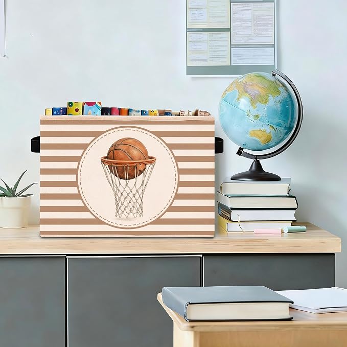 Basketball Storage Bin, Foldable Fabric Organizer Basket | Basketball storage bin with striped background, hoop artwork, foldable fabric design and side handles.