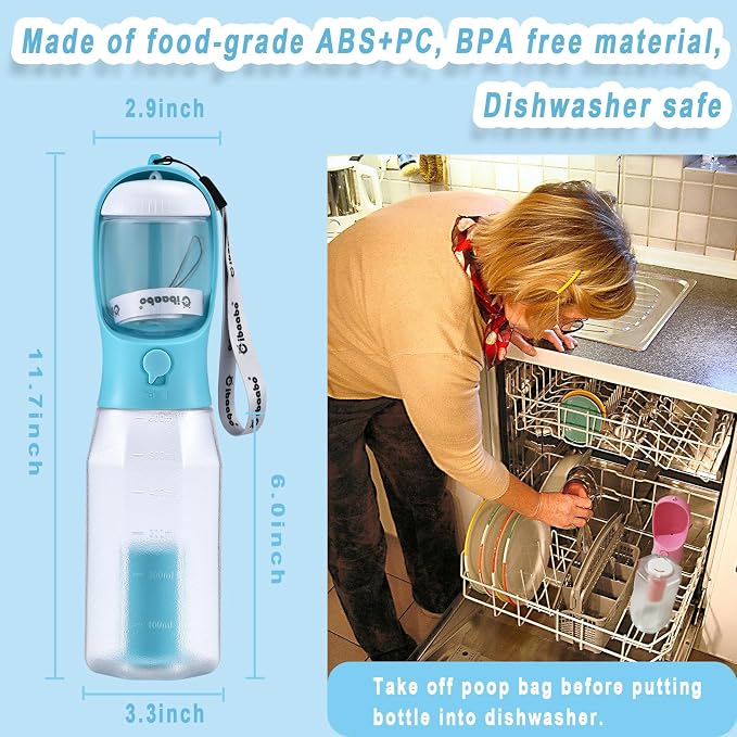 Cibaabo Dog Water Bottle with Food Container & Poop Bag Holder & Filter | Feeding & Hydration & Waste All in One | Travel Puppy Water Bowl | Portable Pet Dispenser | Girl Dog Accessories for Walking