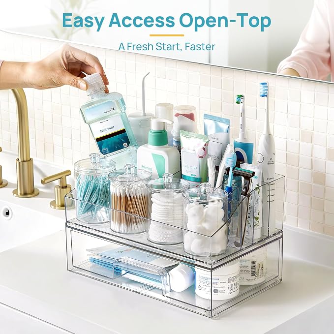 Vtopmart 6 PCS Bathroom Countertop Organizer Sets | 1 Divided Tray, 4 Qtip Holder Jars, 1 Drawers, Clear Organizers, For Toothbrush, Cotton Pads, Vanity Accessories