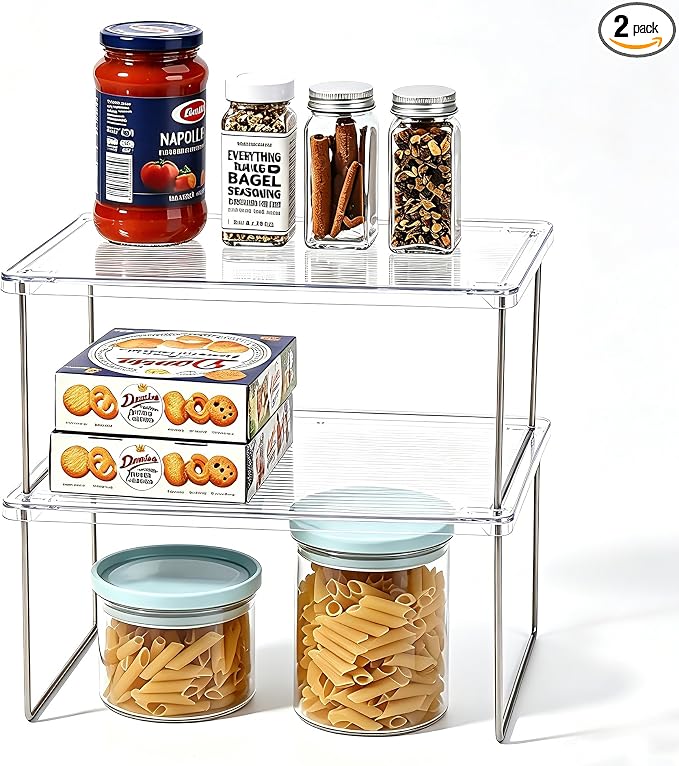 Pantry Organizer, Cabinet Storage Shelf Rack, Stackable Kitchen Cabinet, Foldable Countertop Shelf Organizer, 2 Pack