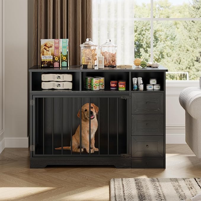 GarveeLife 48'' Dog Crate Furniture with Bowl, Medium Dog Cage, Black | Farmhouse Heavy Duty Dog Kennel with Storage Drawers, End Table for Small Medium Dogs