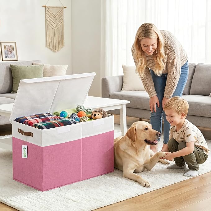 Large Toy Storage Box with Lids, Collapsible Sturdy Baby Storage Organizer Chest Bin Basket for Kids, Boys, Girls, Playroom, Nursery, Bedroom, Closet 25"x13"x16" (Pink and White)