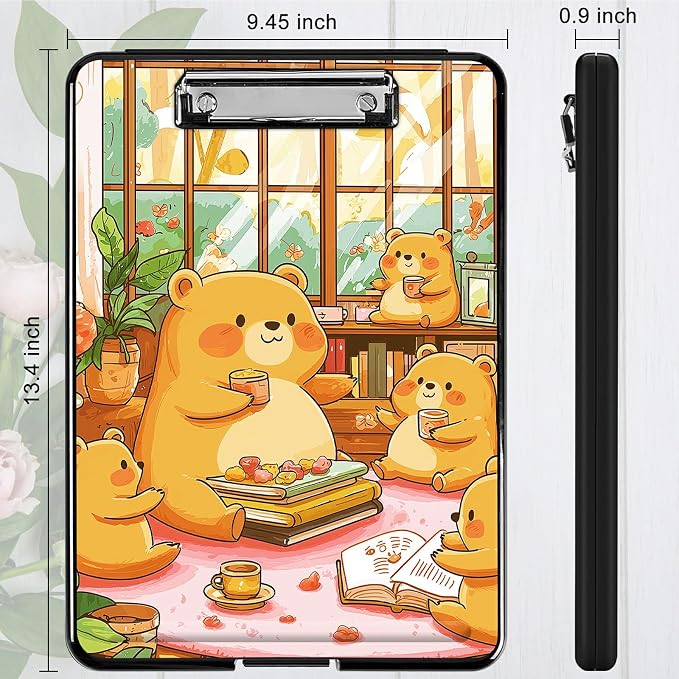 Heavy Duty Storage Clipboard, Slim Nursing Clipboard with Internal Pen Case, Portable File Organizer Case for A4 Letter Size Paper Office Medical Professionals, Bear Lunch