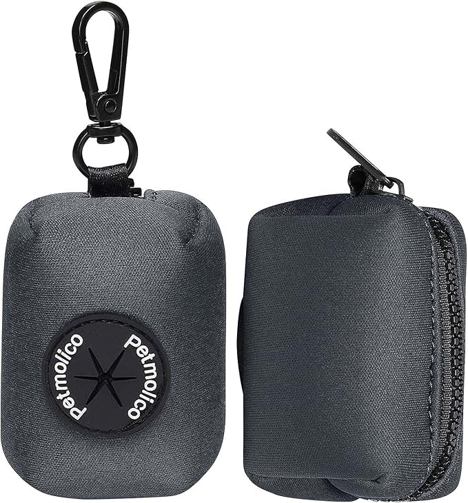 Petmolico Dog Poop Bag Holder Dispenser 2 Pack, Deep Gray | Zippered pouch fits any leash, includes free roll of bags, lightweight & portable for daily walks, travel & outdoor use