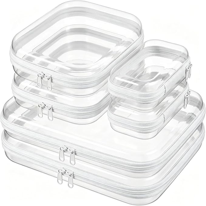 6 Pcs Clear Hard Shell Zipper Case – Clear Makeup Bag Set 2S/2M/2L, See-Through Hard Plastic Organizer Pouches with Double Zipper, Crush-Resistant Travel Toiletry Bag for Cosmetics,Toys