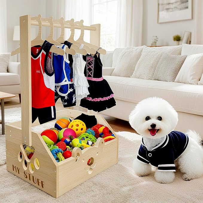 20" x 13.5" x 9" Wooden Dog Closet for Small Dogs - 2-in-1 Clothes Hanger & Storage Basket, with Cute Pet-Face Design, Practical Organizer for Pet Supplies, Home Decor & Dog Gear Tidying