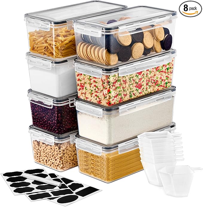 Sorbus Airtight Food Storage Containers, Plastic Pantry Bins (8 Pack) | Four-way snap lids keep cereal, pasta, flour, nuts and candy fresh; stackable construction fits cabinets and counters.