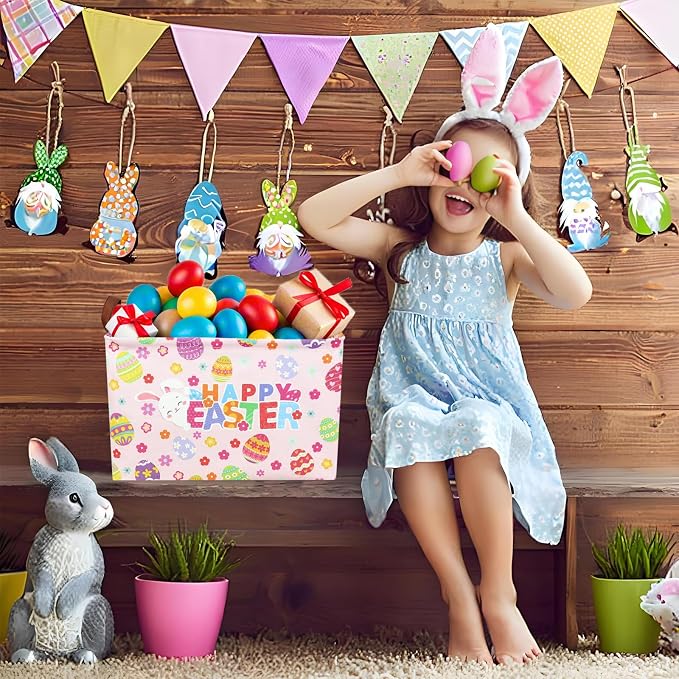 Pink Easter Basket for Kid Large Empty Baby Rectangular Cute Easter Gift Storage Basket Bunny Eggs Décor (Pink Rabbit Flower)