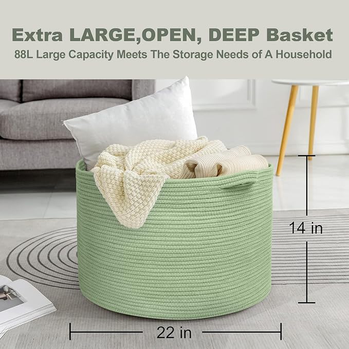 Extra Large Green Basket, 22" X 22" X 14" Woven Cotton Rope Baskets for Blankets, Nursery Laundry Basket, Cute Kids Toy Storage Bin, Green Living Room Bedroom Decor Baskets for Organizing