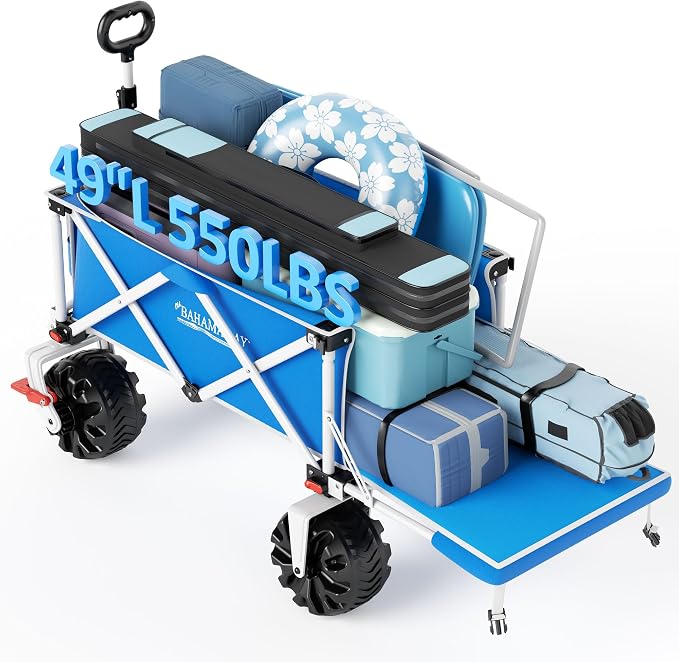 Old Bahama Bay 300lbs Extra Long 49" L Beach Wagon with Big Wheels with Brake for Sand, Collapsible Utility Beach Cart Heavy Duty Folding Wagon,Ideal for Outdoor Sand Camping Garden Pet
