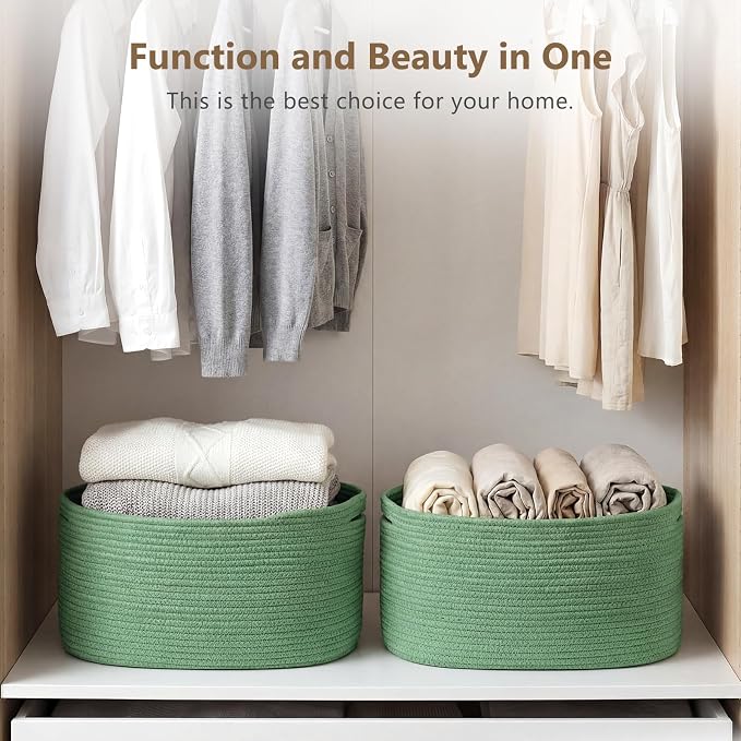 ECDYQXVU 15x10x9 Inch Woven Cotton Rope Storage Basket, 3 Pack | Foldable Design, Built-in Handles, Space-saving Organizer for Living Room, Bedroom, Laundry, Shelves, Clothes, Towels