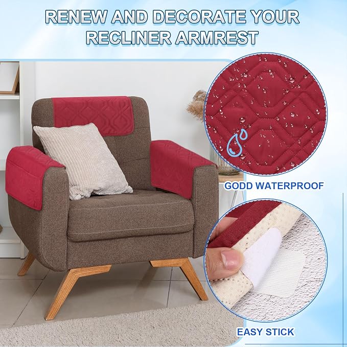 uxcell 3Pcs Sofa Armrest Covers, Armchair Covers with Side Storage Pocket Waterproof Recliner Chair Protector Anti-Slip Couch Arm Headrest Furniture Protect for Home Living Room, Camel