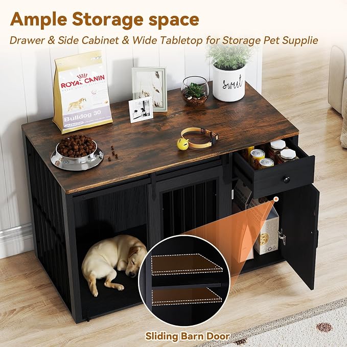 Verano Garden 44" Dog Crate Furniture, Dog Kennel (44" Right Facing Door) | 2-in-1, Lockable, Sliding Door, Removable Divider, Adjustable Shelf, Farmhouse, Heavy Duty, Small Medium Dogs, Black