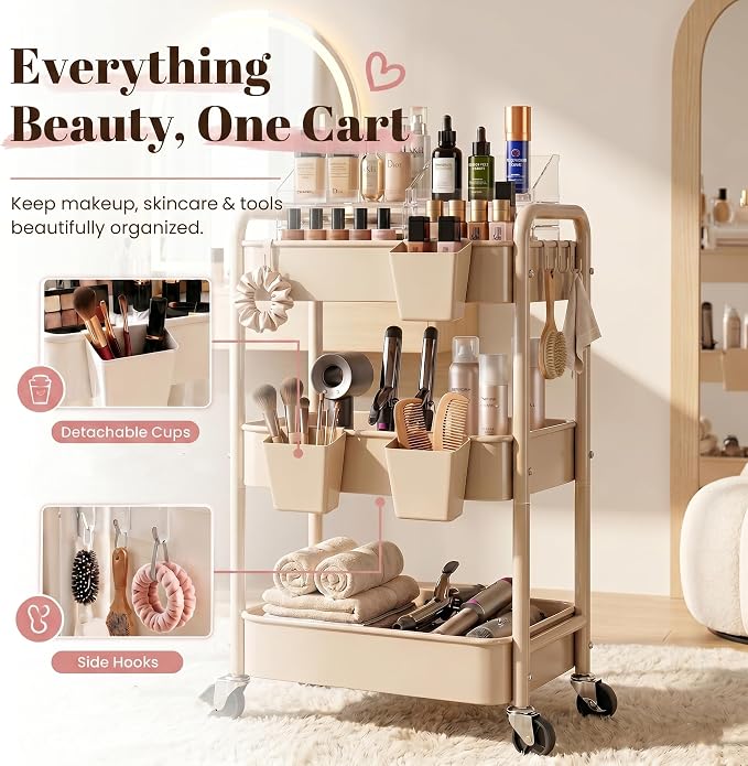 3 Tier Beige Rolling Storage Cart Metal on Wheels, Cream Three Tiered Diaper Caddy with Wheels,Utility Organizer Trolley for Nursery,Postpartum,Art,Craft,Khaki Roller Bedside Carts for Baby Essentials