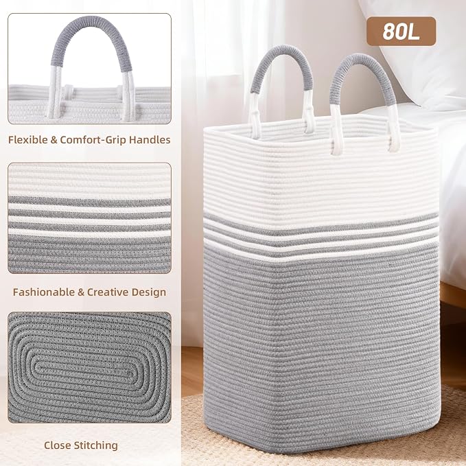 Laundry Basket Hamper,Blanket Storage,Dirty Clothes Hamper with Swivel Handles,Woven Cotton Rope Toy Baskets,Blanket Basket Living Room,Decorative Hampers for Nursery,Bedroom,White & Gray,80L
