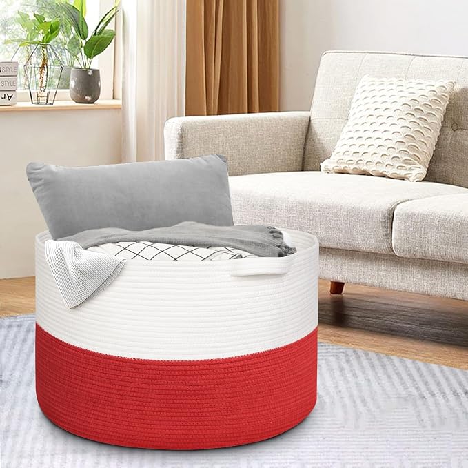MEGASKET Large Red Baskets for Storage, 22x14 Wicker Woven Storage Basket, Blanket Organizer, Kids Toy Bin Box, Bathroom Beach Towel Basket, Basket for Gifts Decor, Fireplace Living Room Decoration