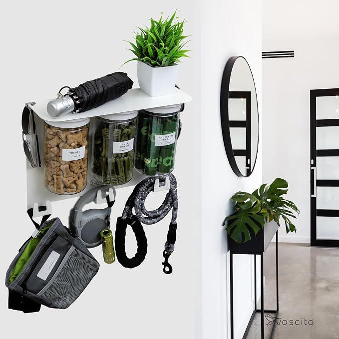 Dog Leash Holder for Wall with Shelf — Wall Mounted Dog Treat Holder & Station, 3 Large Airtight 32oz Treat Containers, 9 Hooks, Patented Lidless Slide-to-Seal Jars, Solid Steel, Made in USA