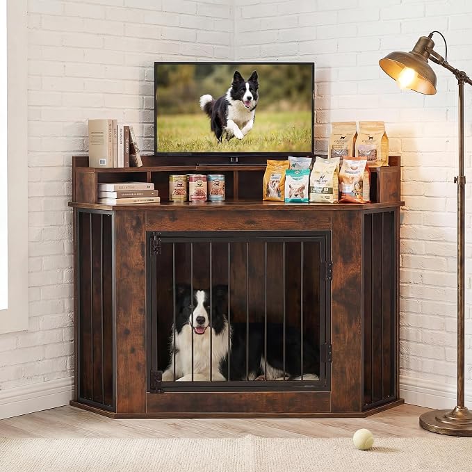 Corner Dog Crate Furniture for Small, Medium Dogs | Heavy Wooden Kennel, storage Shelves, Anti-Chew Design, Space-Saving, Indoor Use as TV Stand/Table