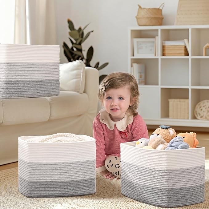 3 Pack Cube Storage Bin, 17”x12”x12” Cotton Rope Woven Baskets for Organizing Toys Clothes Towels, Square Gift Storage Baskets for Shelves, Nursery, Closet, Bathroom, Pantry (Gradient Grey)
