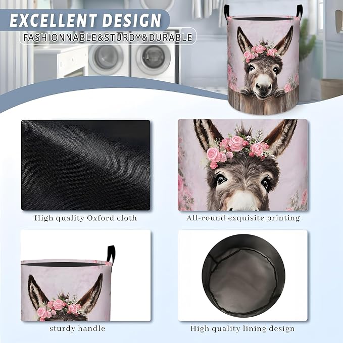 Donkey Floral Laundry Basket, Pink Rose Flower Storage Hamper, Round Collapsible Waterproof Cloth Bin, 19.7x15.7 Inch Rustic Watercolor Farmhouse Clothes Organizer Gifts for Bathroom Decor