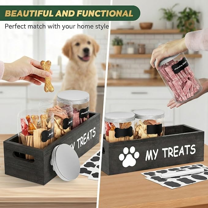qeerable Dog Treat Container Airtight Storage Jars Set of 3 - Clear Plastic Pet Treat Canister with Lids - Dog Food Container for Countertop Organization (grey)