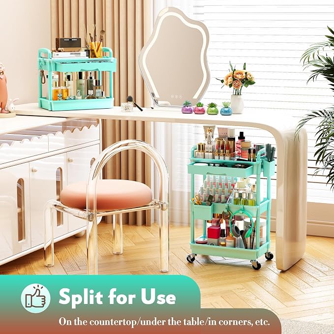 SUNALLY Makeup Cart Organizer with Drawer, 3 Tier Rolling Makeup Cart, Blue | Rolling Vanity Storage for Skin Care Perfume Nail Polish, Floor Skincare Organizers Cosmetics Display Bathroom Storage Cart