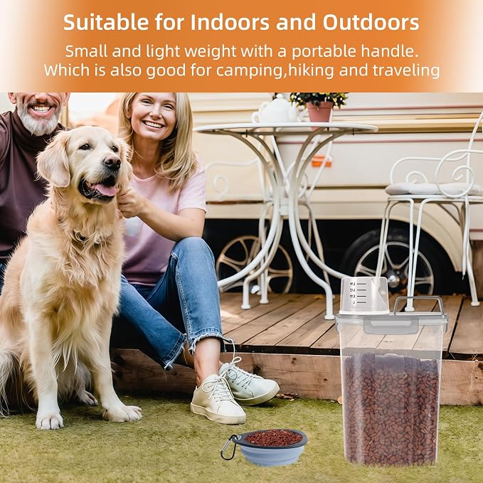 LEAWALK 3-5Lbs Airtight Small Cat Dog Pet Food Storage Containers BPA Free, with Large Pour Spout/1 Measuring Cup/ 4 Safety Locks and Double-layer Silicone Strip (Clear Grey &Clear Blue 4Pack)