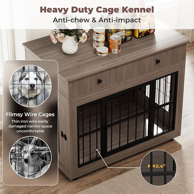 Dog Crate Furniture-Farmhouse Dog Kennel with Drawers, 40 Inch | Heavy Duty End Table, Wooden Decorative Pet Crate, Furniture Crate Dog iIndoor for Small Medium Large Dog, Oak Grey
