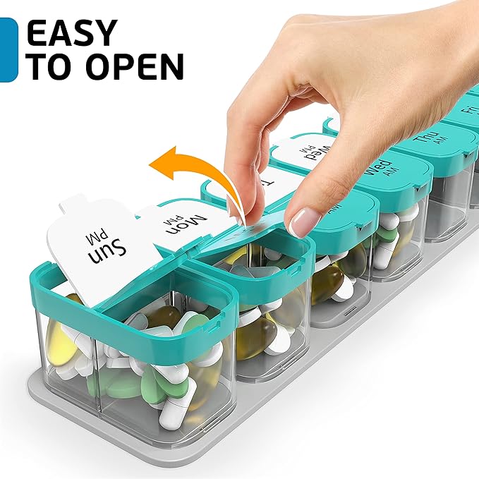 Extra Large Weekly Pill Organizer - XL Vitamin Holder with 7 Detachable AM PM Compartments - Portable Medicine Dispenser for Home and Travel, Big Supplement Container for Weekly or Daily Use, Mint