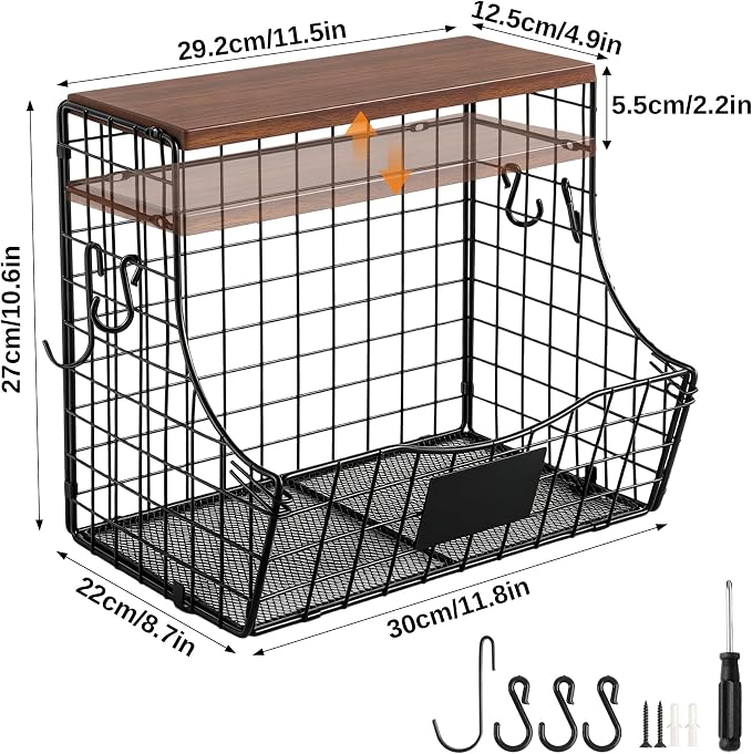 Pet Supplies Wall Basket with Wood Lid and Hooks, Dog Stuff Organizer for Wall, Puppy Toy Box Holder for Treats Leash, Wall Storage for Kitchen Pantry Bathroom, 11.8 x 8.7 x 10.6 in
