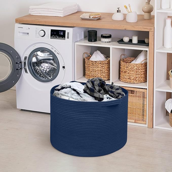 Dark Blue Basket for Organizing, 22" x 14" Extra Large Woven Cotton Rope Laundry Basket, Blanket Storage for Living Room Bedroom, Big Nursery Kids Toy Box Organizer, Pool Towel Storage Bin