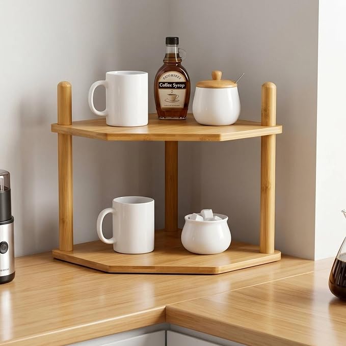 2-Tier Bamboo Corner Shelf,Kitchen Countertop Organizer,Corner Countertop Organizer Shelf, Coffee Bar Organizer,Coffee Bar Accessories,for Kitchen, Pantry, Organizers and Storage