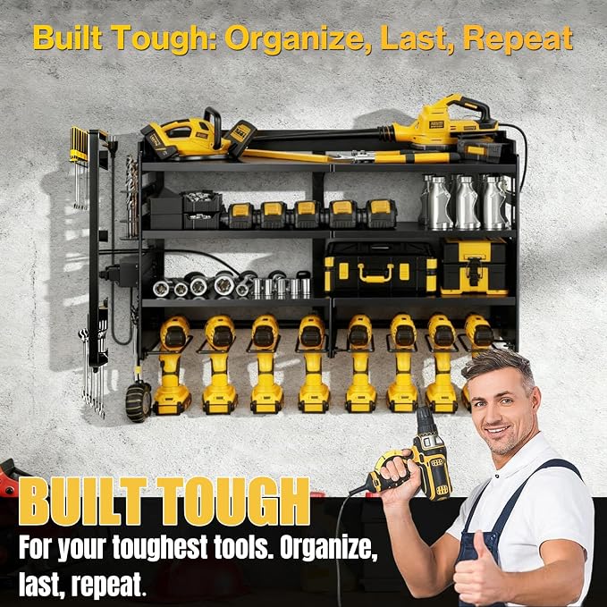 Heavy Duty Power Tool Organizer Wall Mount with Charging Station with 4 Power Strip, 4 Layer Tool Storage Rack with 8 Drill Holder, 700 lbs load capacity