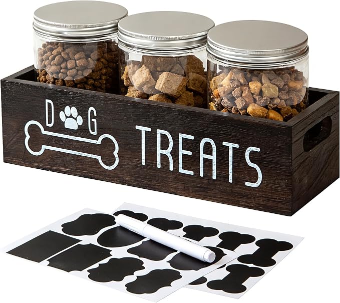Dog Treat Container Wood Cat Treat Holder for Counter Cat Treat Organizer Dog Food Storage Organizer with 3 Dog Cookie Jars Farmhouse Decor Box Brown