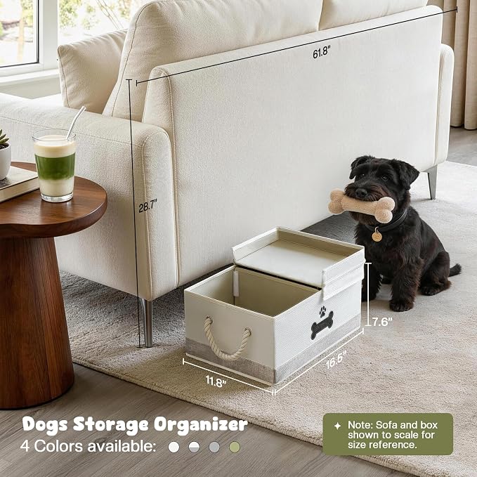 Dog Toy Basket with Double-Open Lid, Divided Dogs Basket for Toys, Collapsible Pet Toys Box, Dog Storage Organizer with 2 Divided Area, Puppy Toy Baskets with Rope Handles, Beige & Gray
