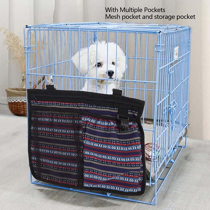 Dog Cage Storage Bag, Large Capacity Washable Cat Cage Hanging Bag with Multiple Pockets, Pet Supplies Organizer for Toys Food Grooming Tools, Durable Canvas Side Bag with 2 Hooks