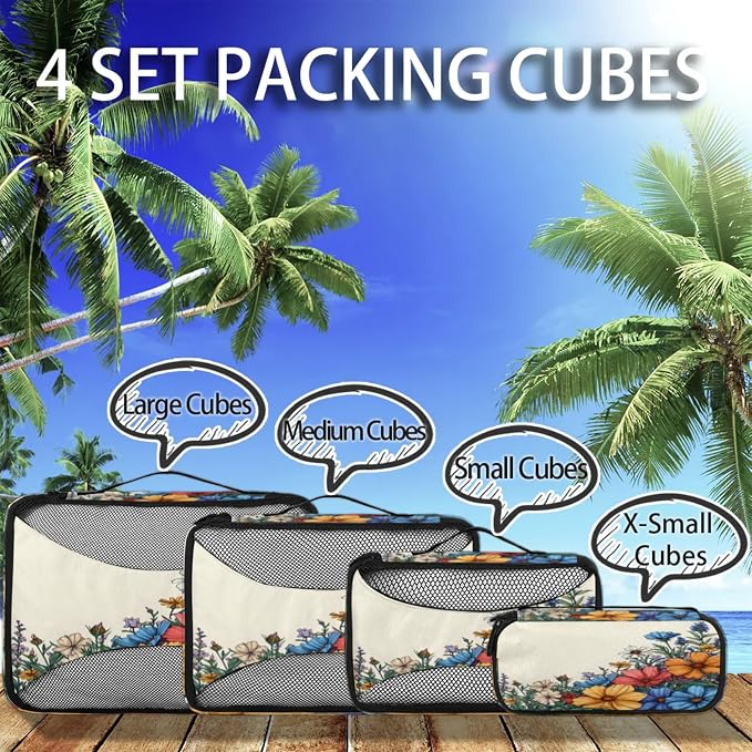 Packing Cubes for Travel, Vintage Floral Travel Luggage Packing Organizers for Women Men, Large Custom Toiletries Bag for Clothes Shoes, Retro Pretty Colorful Flower