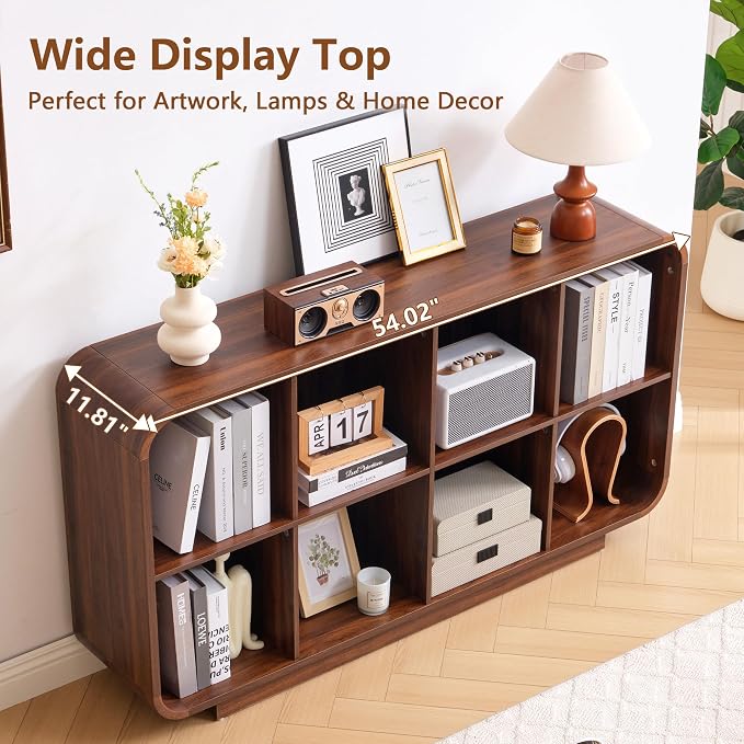Cube Storage Organizer with Base, 8 Cube 2-Tier Bookcase, Wooden Floor Standing Storage Shelf with Rounded Corners, Anti-Tip Kit, Low Lattice Organizer for Home Office Living Room, Walnut