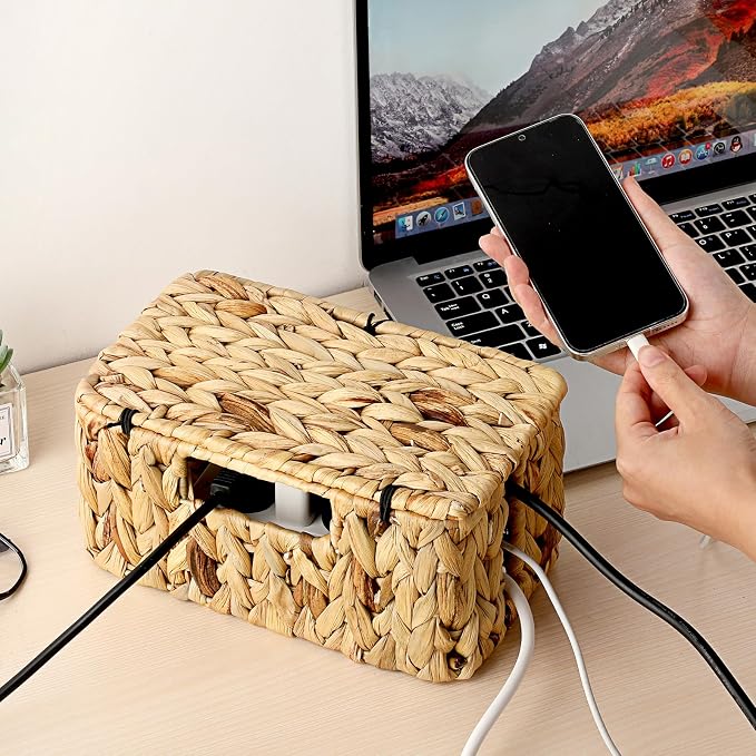 BTSKY Woven Cable Management Box with Lid Water Hyacinth Cord Organizer, S | Cable Organizer Box with 2-Open Slots to Hide Power Strips USB Hubs for Desk, Home & Office, Pet Proofing Cord Basket