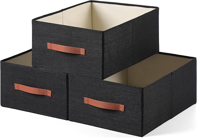 linen closet organizers and storage, 3 Pack Large Storage Baskets, Washable, Clothing Storage Bins with Handle, Closet Organizer for Storage Sweater,Sheets (Black, 18½"x13½x8½)