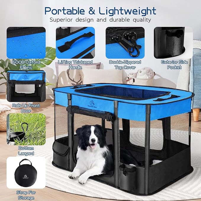 ROMANTIC BEAR Dog Playpen,Foldable Pet Puppy Cat Playpen,L(40"x32"x24") | Dog Crate with Upgrade Breathable Mesh and Durable 600D Oxford Cloth,Sturdy Dog Cage Indoor & Outdoor for Small Animals,Blue