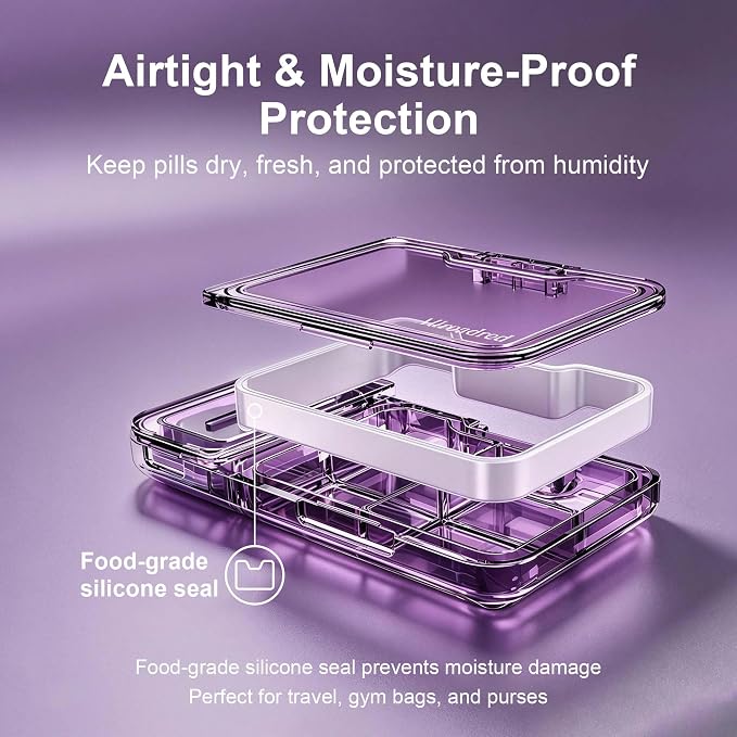 2-in-1 Pill Cutter and Splitter with Pill Organizer, Airtight Moisture-Proof Pill Case, Stainless Steel Blade for Tablets, Vitamins & Supplements, Travel Pill Case (Deep Purple)