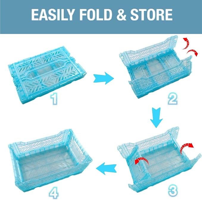 Mid Size Pastel Plastic Storage Crates and Baskets, Collapsible Crates for Organizing, 4L Space Saving Bins for Classroom, Kitchen, Office, Bedroom,Desk Organizer. (Blue)